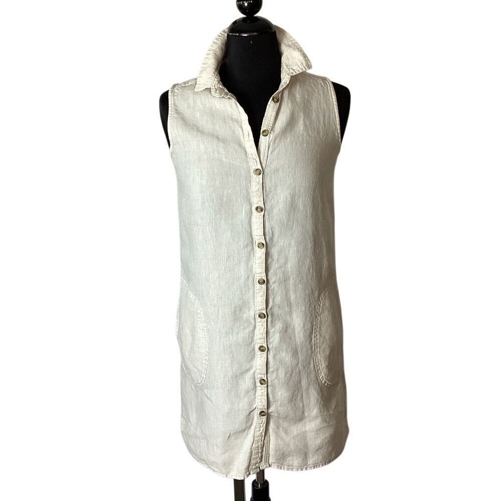 Adrienne Vittadini 100% Linen Sleeveless Shirt Dress Sz Sm Button Up